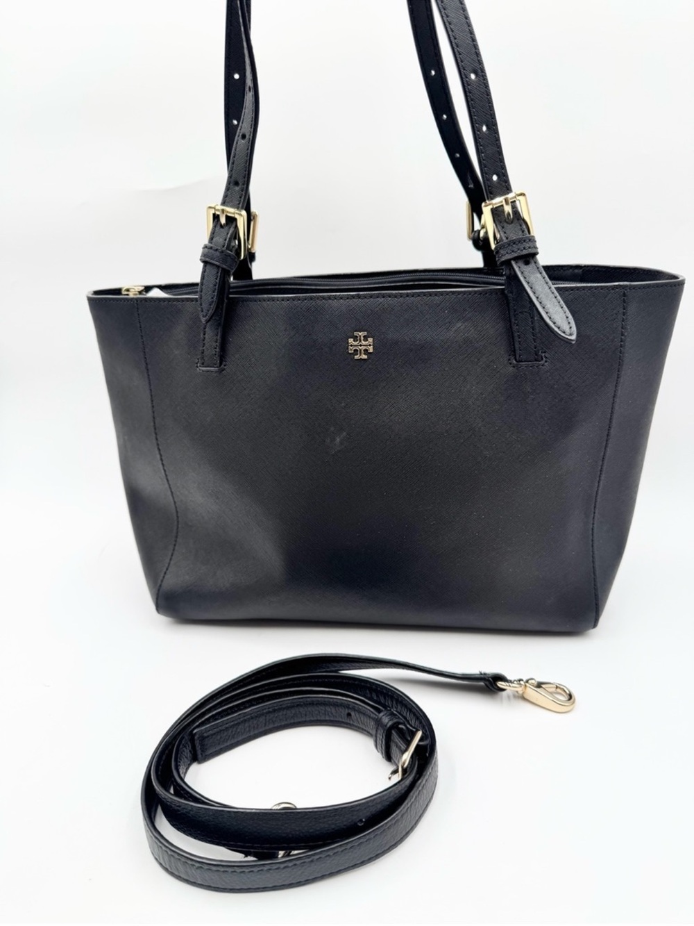 Tory Burch York Black Saffiano Leather Tote Bag with Crossbody Strap